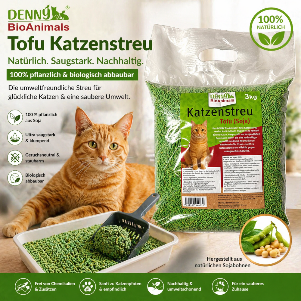 Denny BioAnimals®Tofu (Soja) Katzenstreu 15 kg (5 Säcke je 3 kg), 40 L – natürlich & biologisch abbaubar – saugstark, klumpend, staubfrei & geruchsneutral – nachhaltige Katzenstreu aus Pflanzenfasern.