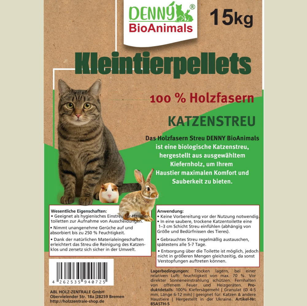 Denny BioAnimals® Kleintierstreu, Katzenstreu Holzpellets 30 kg (46 L) – 100% natürliche Einstreu für Katzen, Kaninchen, Hamster & Meerschweinchen – Staubfrei, Saugstark, Geruchsbindend, Öko Kiefernholz