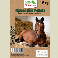 Miscanthus Pellets Einstreu 8 mm 1 Palette 945 kg, 63 Säcke je 15 kg - | 100% Naturprodukt | Staubarme Pferde- & Tierstreu | Hohe Saugkraft & Geruchsbindung | Umweltfreundliche Alternative zu Sägespänen