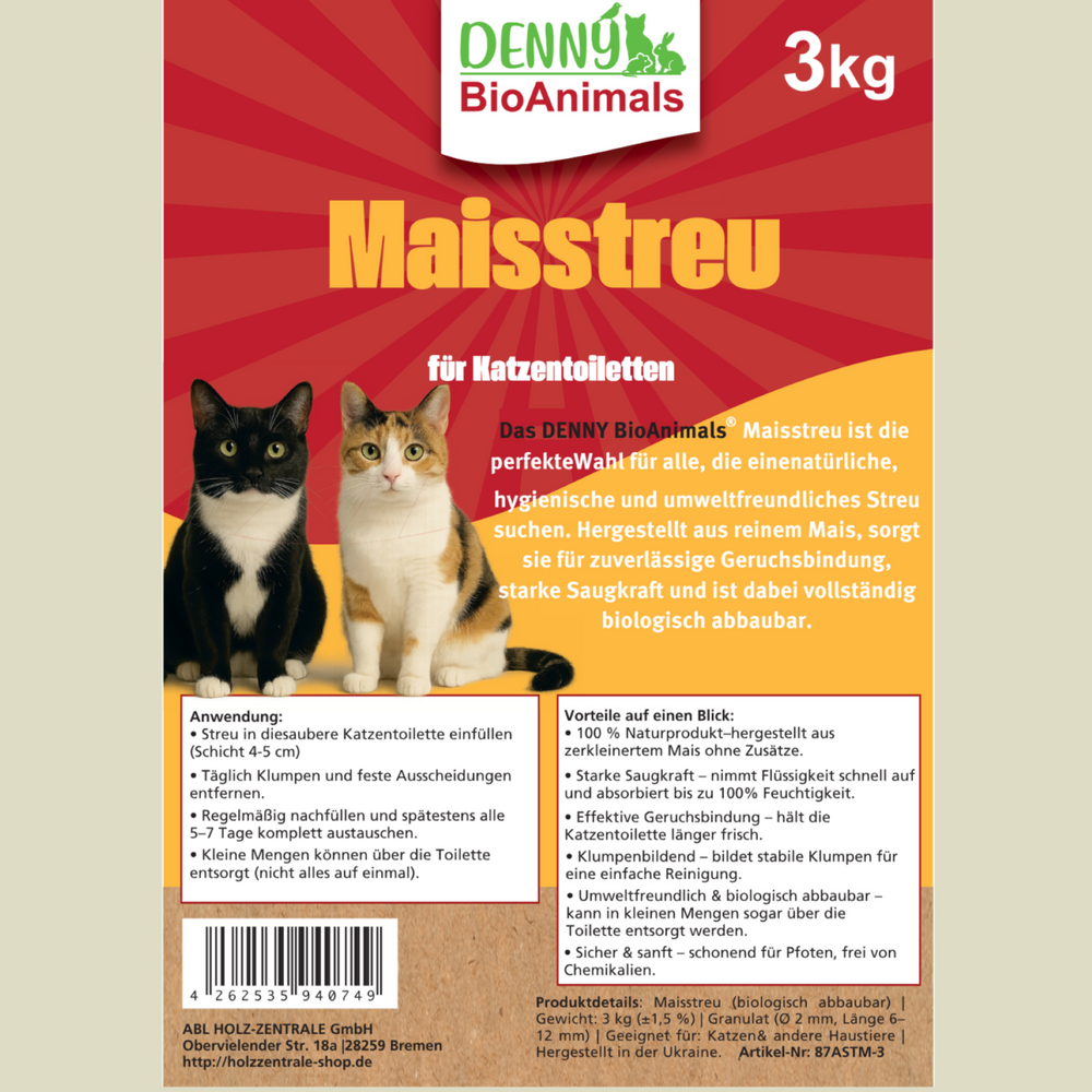 Denny BioAnimals® Maisstreu Katzenstreu 9 kg (3x3 kg) – 100 % natürlich & biologisch abbaubar – klumpend, staubfrei & geruchsneutral – nachhaltige Katzenstreu aus Maisfasern.