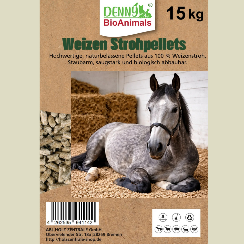 Weizenstreupellets 8 mm 30 kg (15+15 kg Sack) – 100 % Naturprodukt aus Weizenstroh – staubarm, saugstark & kompostierbar – Einstreu für Pferde, Kleintiere & Stall