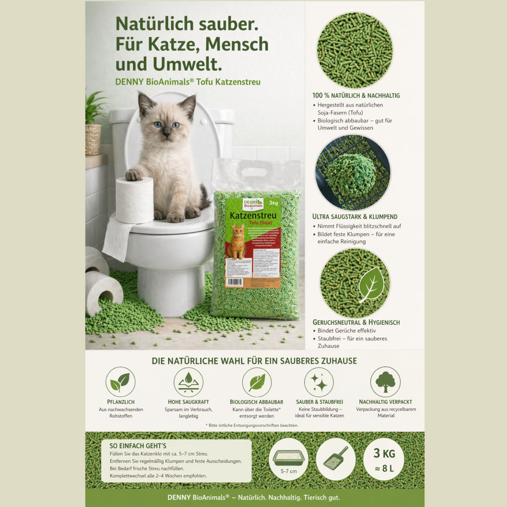 Denny BioAnimals®  Tofu Katzenstreu 3 kg/8L – 100 % natürlich & biologisch abbaubar – ultra saugstark, klumpend, staubfrei & geruchsneutral – nachhaltiges Katzenstreu aus Pflanzenfasern.