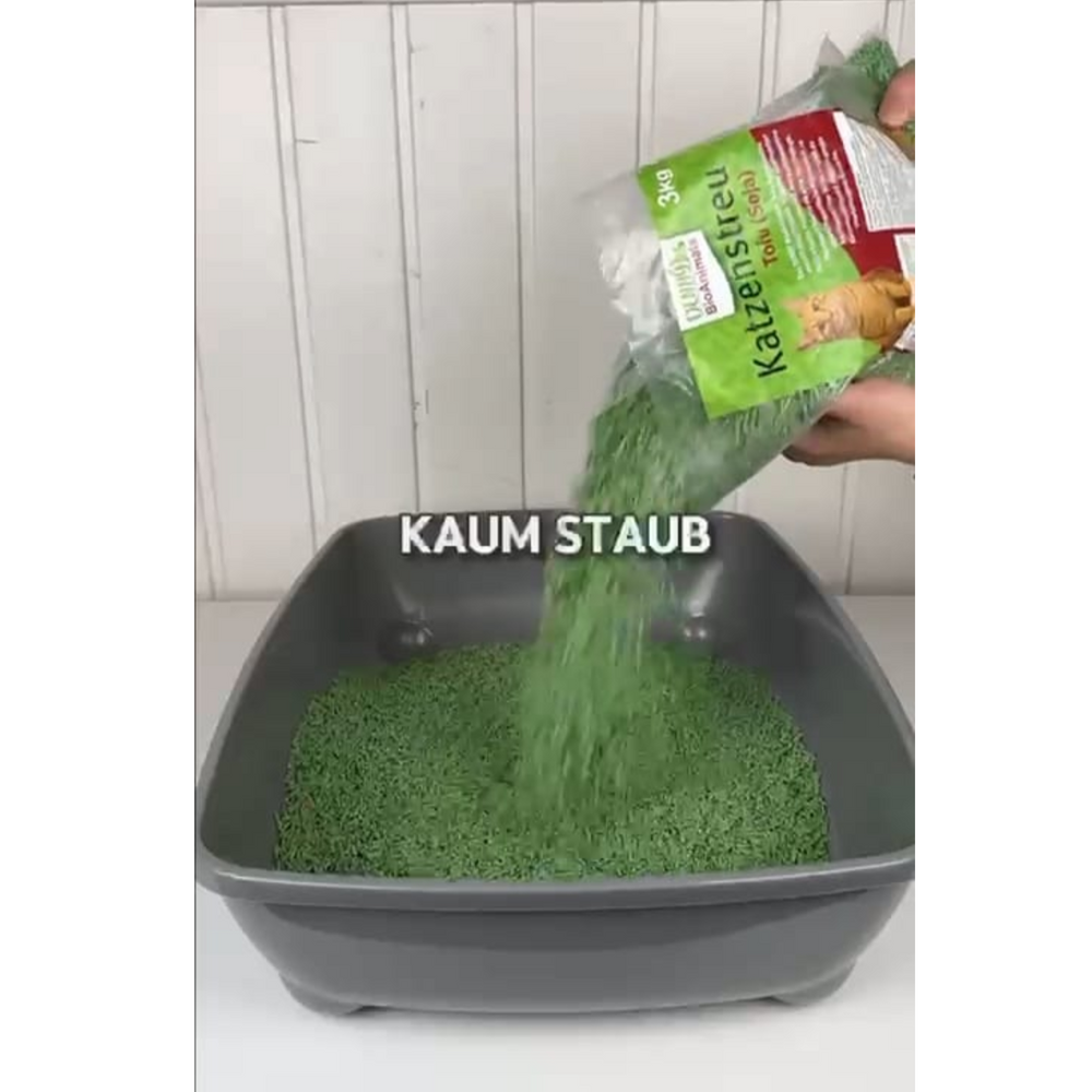 Tofu (Soja) Katzenstreu 9 kg (3 Säcke je 3 kg), 24 L – natürlich & biologisch abbaubar – saugstark, klumpend, staubfrei & geruchsneutral – nachhaltige Katzenstreu aus Pflanzenfasern.