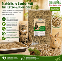 Denny BioAnimals® Kleintierstreu, Katzenstreu Holzpellets 30 kg (46 L) – 100% natürliche Einstreu für Katzen, Kaninchen, Hamster & Meerschweinchen – Staubfrei, Saugstark, Geruchsbindend, Öko Kiefernholz