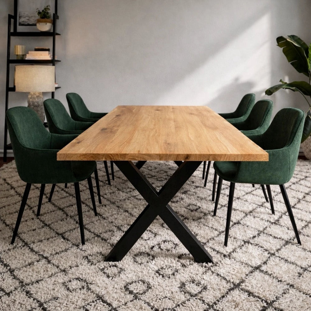 Massivholztisch Eiche  – Esszimmertisch mit 4 cm Tischplatte,  in 140-240 cm Länge,  mit Baumkante und gerade Kante &  X-Gestell aus Metall – moderner Esstisch Industrie-Design, handgefertigt, Kratzfest & natürlich geölt