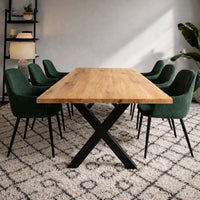 Massivholztisch Eiche  – Esszimmertisch mit 4 cm Tischplatte,  in 140-240 cm Länge,  mit Baumkante und gerade Kante &  X-Gestell aus Metall – moderner Esstisch Industrie-Design, handgefertigt, Kratzfest & natürlich geölt