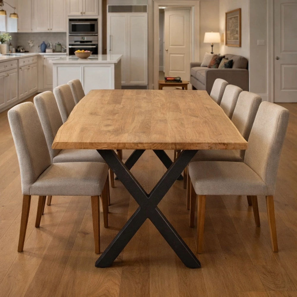 Massivholztisch Eiche  – Esszimmertisch mit 4 cm Tischplatte,  in 140-240 cm Länge,  mit Baumkante und gerade Kante &  X-Gestell aus Metall – moderner Esstisch Industrie-Design, handgefertigt, Kratzfest & natürlich geölt