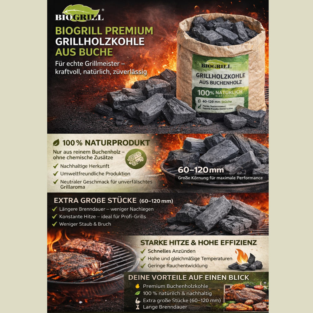 BIOGRILL® Premium Restaurant Grillholzkohle Buche 20 kg (10+10 kg Säcke) , Holzkohle für BBQ & Steakhaus – Grillkohle für Professionelles Grillen mit extragroßen Stücken 60–160 mm