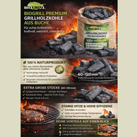 BIOGRILL® Premium Restaurant Grillholzkohle Buche 20 kg (10+10 kg Säcke) , Holzkohle für BBQ & Steakhaus – Grillkohle für Professionelles Grillen mit extragroßen Stücken 60–160 mm