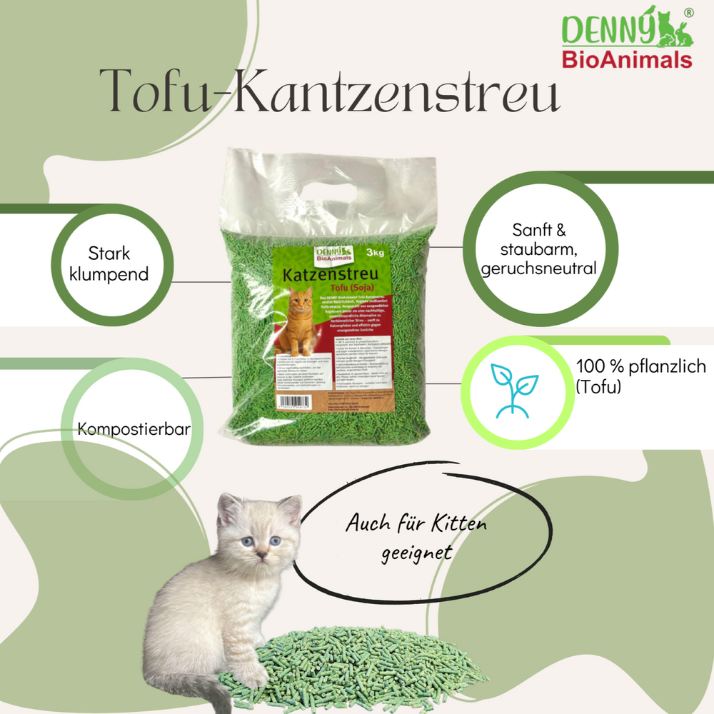 Denny BioAnimals®  Tofu Katzenstreu 3 kg/8L – 100 % natürlich & biologisch abbaubar – ultra saugstark, klumpend, staubfrei & geruchsneutral – nachhaltiges Katzenstreu aus Pflanzenfasern.