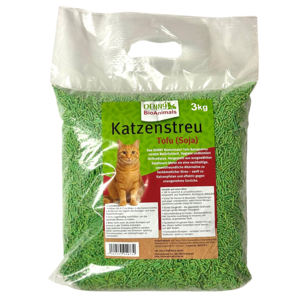 Denny BioAnimals®  Tofu Katzenstreu 3 kg/8L – 100 % natürlich & biologisch abbaubar – ultra saugstark, klumpend, staubfrei & geruchsneutral – nachhaltiges Katzenstreu aus Pflanzenfasern.