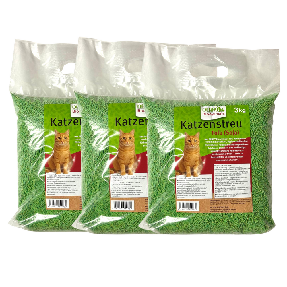 Tofu (Soja) Katzenstreu 9 kg (3 Säcke je 3 kg), 24 L – natürlich & biologisch abbaubar – saugstark, klumpend, staubfrei & geruchsneutral – nachhaltige Katzenstreu aus Pflanzenfasern.