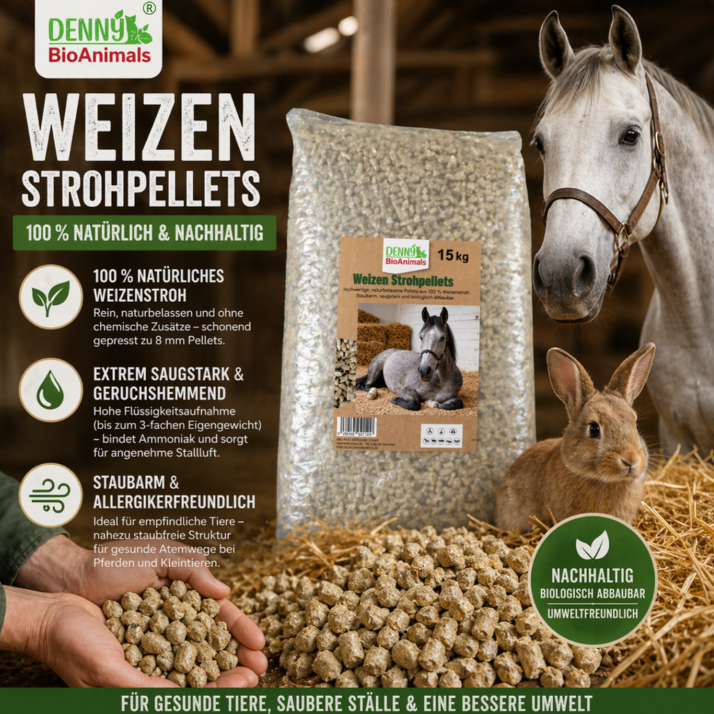 Weizenstreupellets 8 mm im 15 kg Sack – 100 % Naturprodukt aus Weizenstroh – staubarm, saugstark & kompostierbar – Einstreu für Pferde, Kleintiere & Stall
